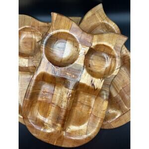 Set Of 6 Vintage Formosa Wood Owl Tray Brown Taiwan MCM Woven Wood Appetizer